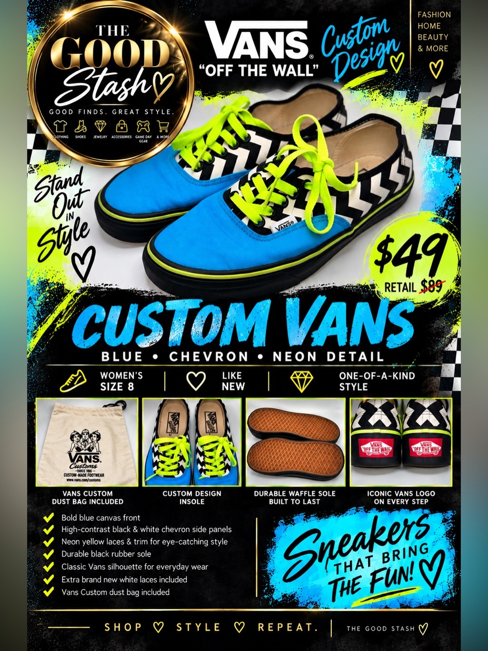 CUSTOM DESIGNED Vans Sneakers in Blue w/Chevron Design & Neon Laces/Trim